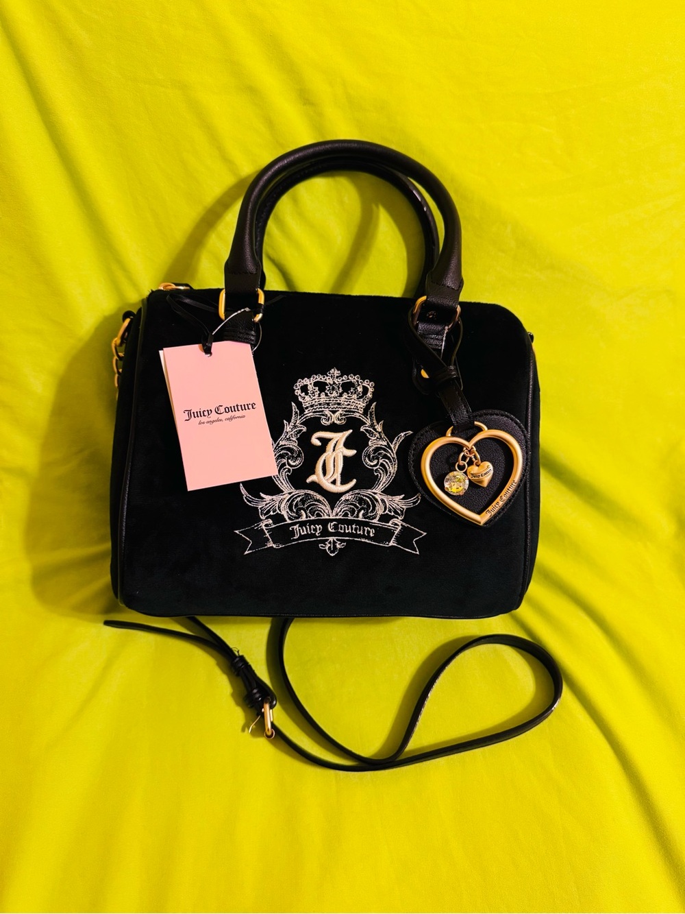 Juicy Couture Black Velvet Satchel with Gold Heart Charm